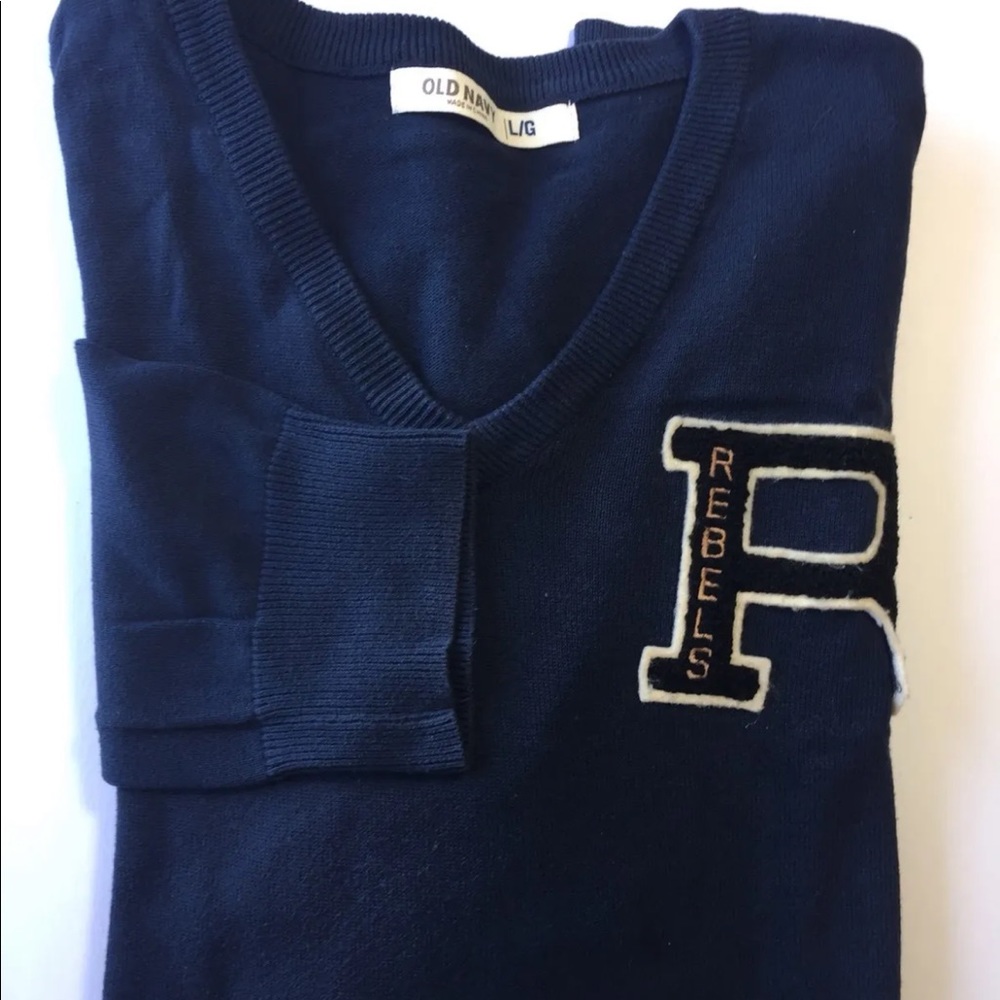 Old Navy V-Neck Men Sweater Rebels Patch Large Navy 100% Cotton